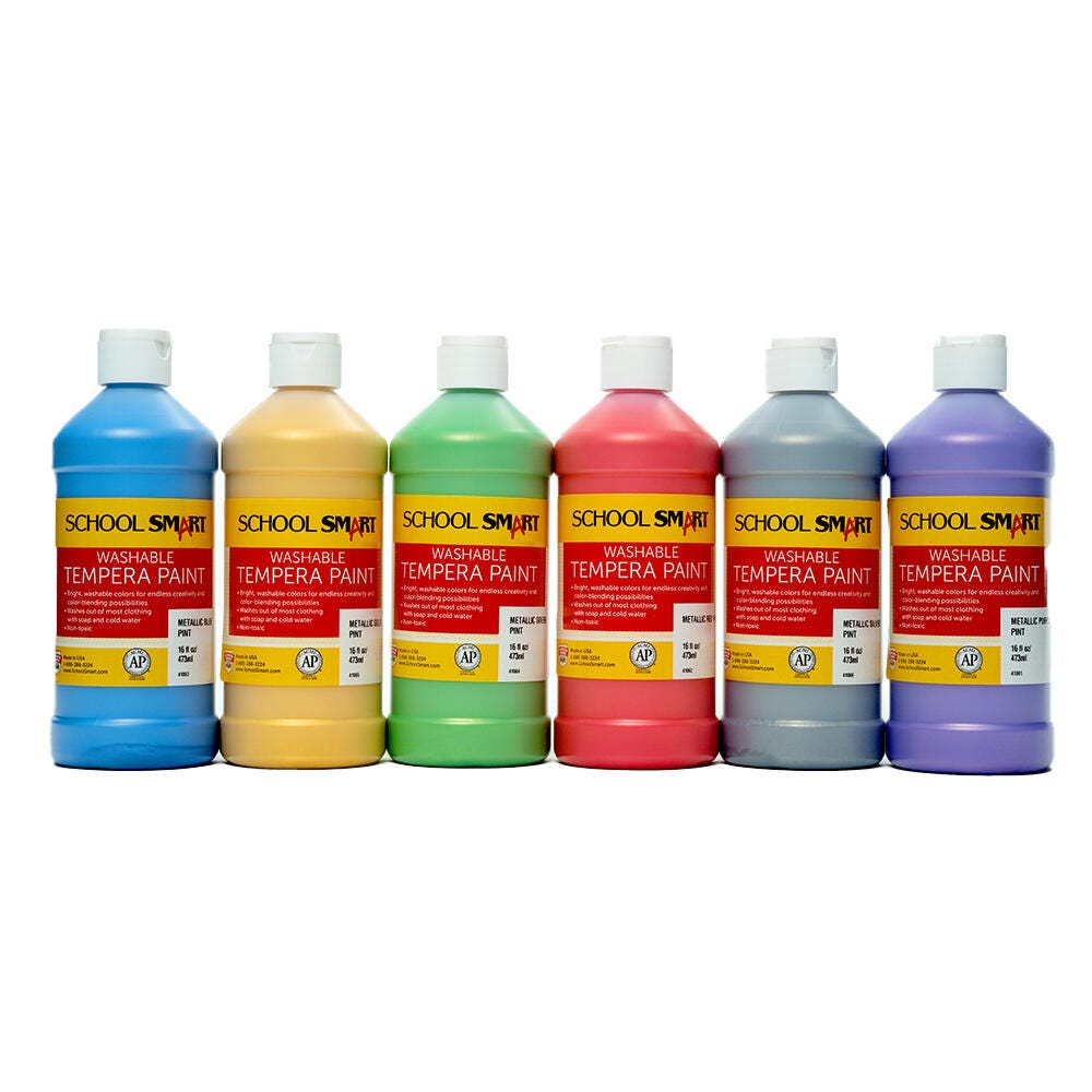 School Smart Washable Tempera Paints, Assorted Metallic Colors, Pint Set of 6 2002796